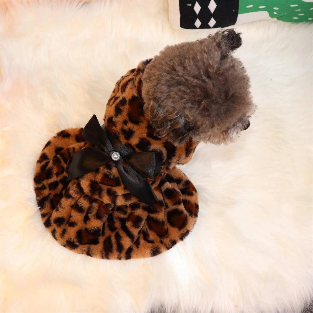 Autumn Winter Pet Dog Clothes Plush Coat Leopard Print Dress for Small Dog Cat Jacket Bowknot Skirt