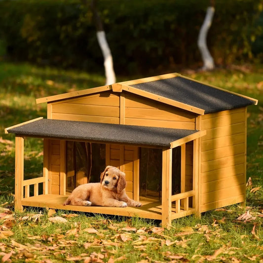 47" Outdoor Wooden Dog House with Porch, Asphalt Roof, 2" Height Raised Two Plastic Door Curtains