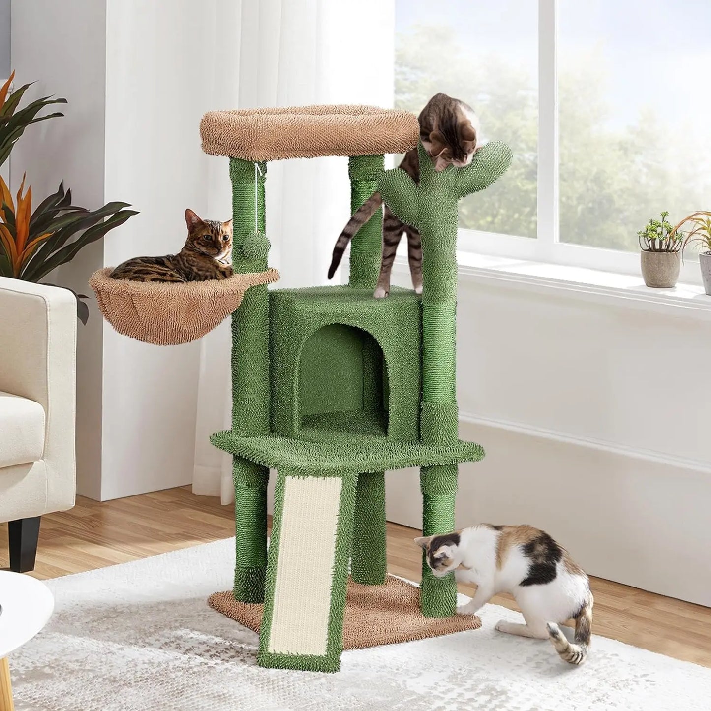 Cactus Cat Tree, 42in Cat Tower for Indoor, Multi Level Condo Scratching Post, Activity Center w/Ball, Plush Perch