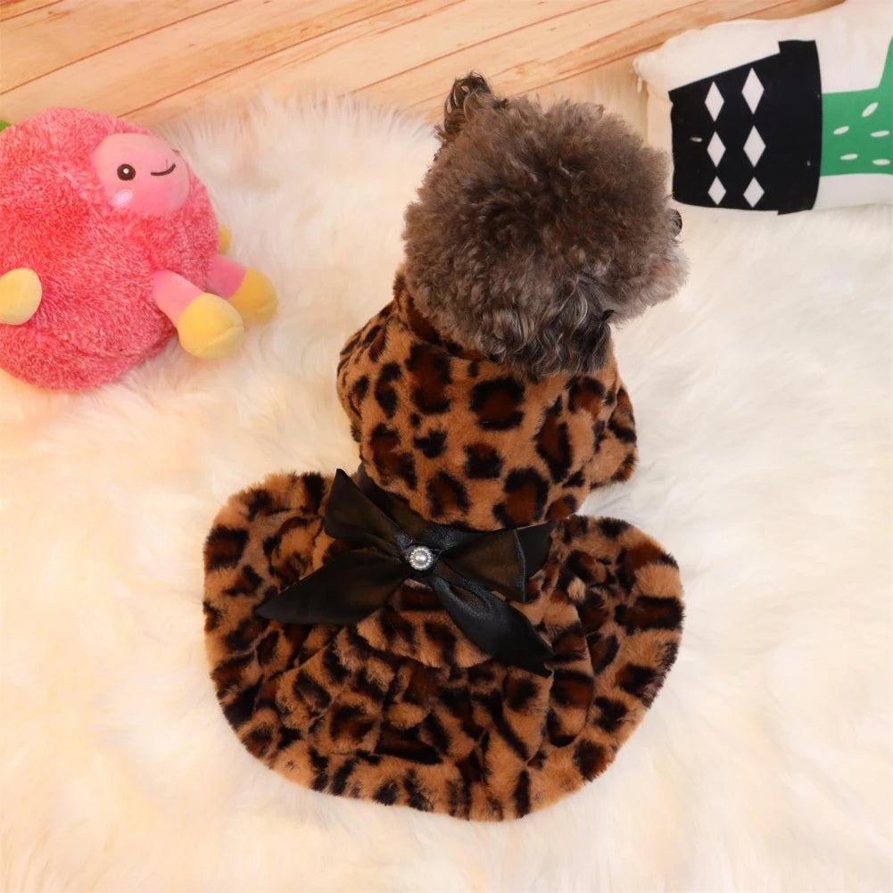 Autumn Winter Pet Dog Clothes Plush Coat Leopard Print Dress for Small Dog Cat Jacket Bowknot Skirt