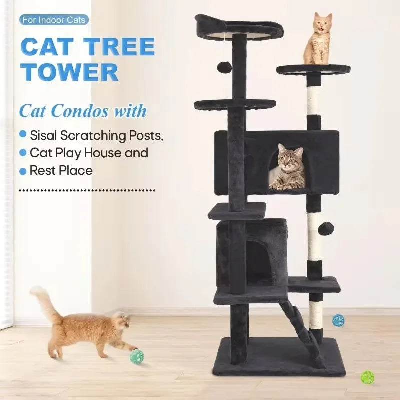 Cat Tree 54in Multi-Level Durable Cat Scratching Post & Cozy Fun Jumping Platform for Indoor