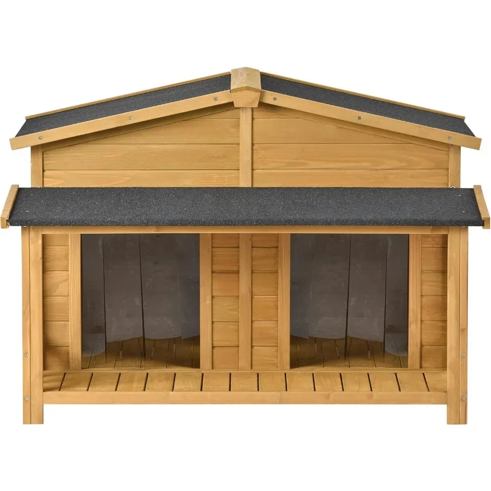 47" Outdoor Wooden Dog House with Porch, Asphalt Roof, 2" Height Raised Two Plastic Door Curtains