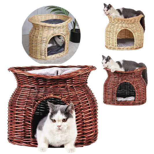 Cat Bed Hand Woven Wicker Bunk Basket 2 Tier Kitten Sleeping Cave Bed