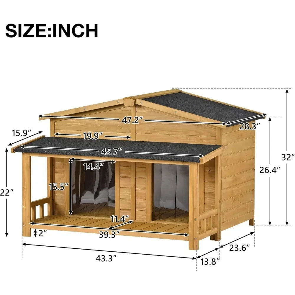 47" Outdoor Wooden Dog House with Porch, Asphalt Roof, 2" Height Raised Two Plastic Door Curtains