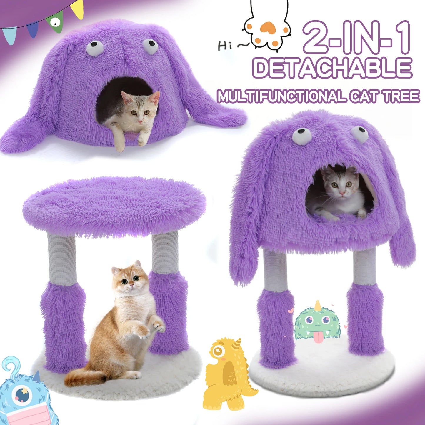 Monster Series Cat Tree Tower  with Big Cat Condo Sisal-Wrapped Legs Funny Ears and Eyes