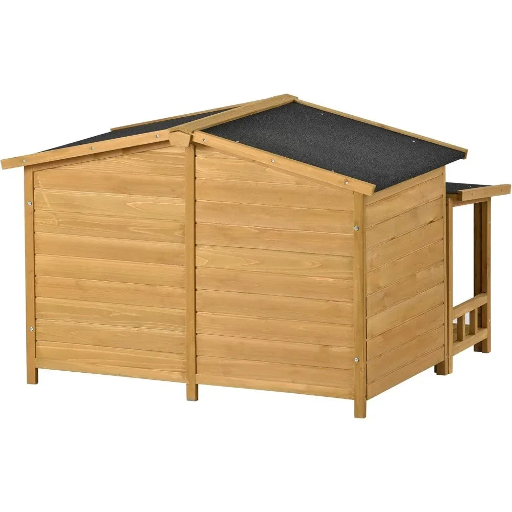 47" Outdoor Wooden Dog House with Porch, Asphalt Roof, 2" Height Raised Two Plastic Door Curtains