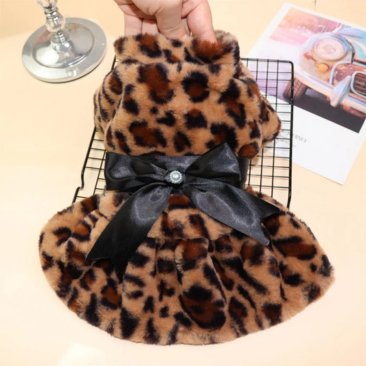 Autumn Winter Pet Dog Clothes Plush Coat Leopard Print Dress for Small Dog Cat Jacket Bowknot Skirt