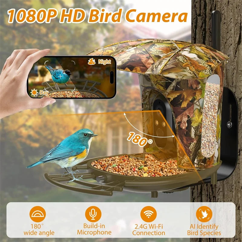 Smart Bird Feeder Camera Solar Powered Bird Watching  Wireless Outdoor 1080P HD 7W Solar Panel Bird Species