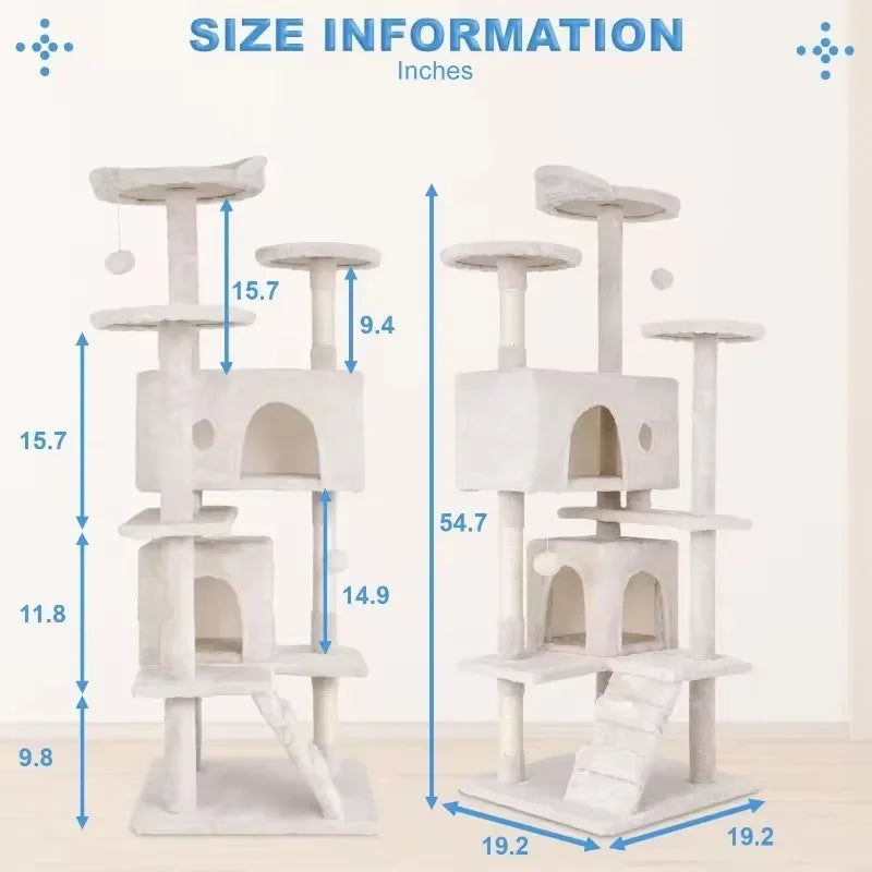 Cat Tree 54in Multi-Level Durable Cat Scratching Post & Cozy Fun Jumping Platform for Indoor