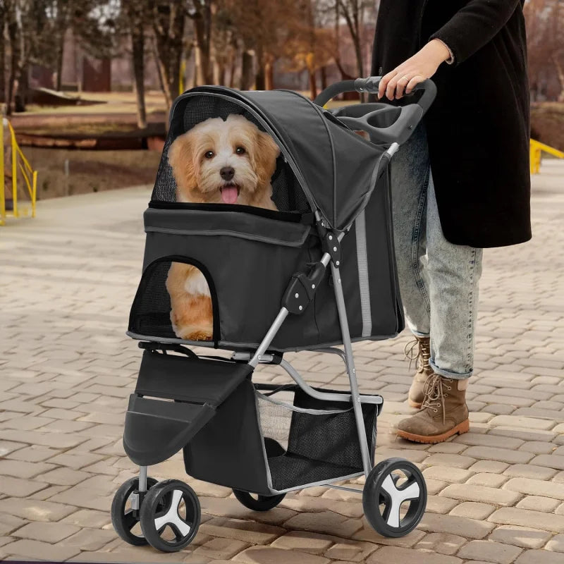 Foldable Pet Stroller with Weather Cover, 3 Wheels Small/Medium Dogs and Cats with Storage Basket