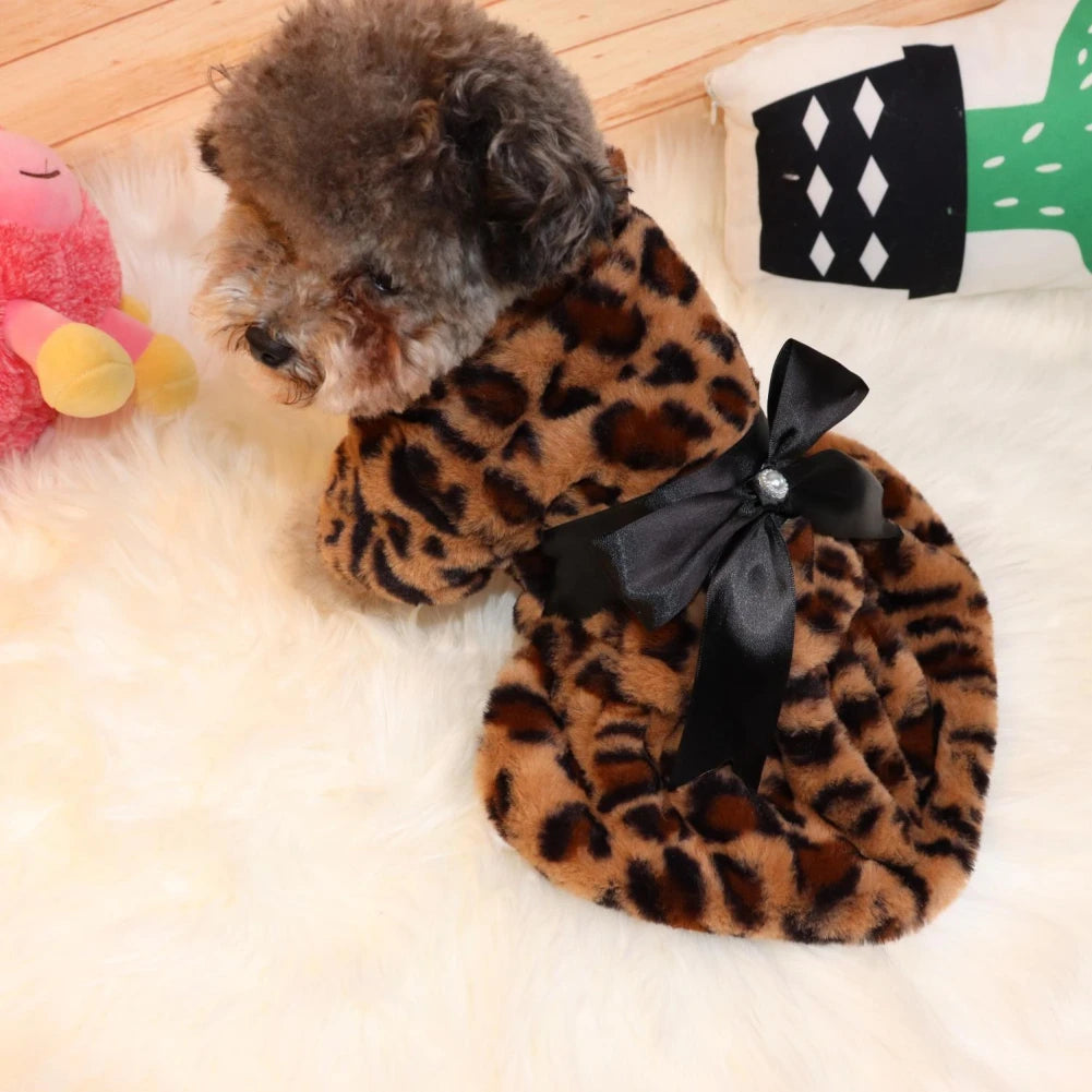 Autumn Winter Pet Dog Clothes Plush Coat Leopard Print Dress for Small Dog Cat Jacket Bowknot Skirt