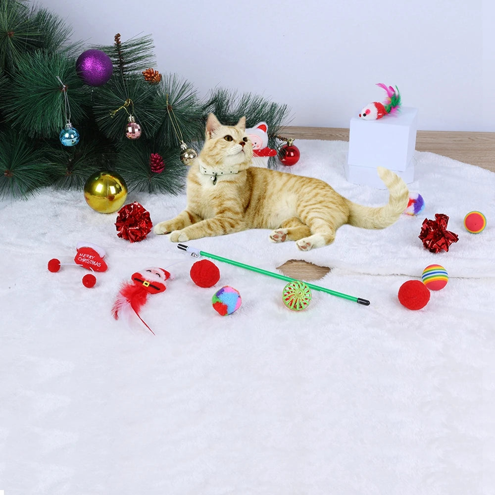 15pcs/set Multi-color Christmas Pet Cat Toy Set Interactive  Stick Feather Toy