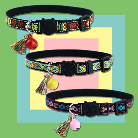 Adjustable cat collar with tassels and bells embellished colorful plaid pattern