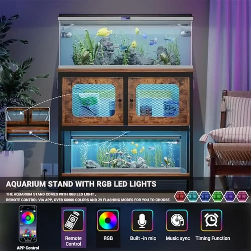 Fish Tank Stand with Power Outlets Smart LED Lights Storage Cabinet Aquarium Reptile Tank 40 Gallon