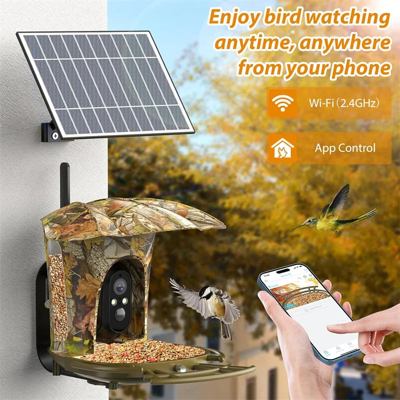 Smart Bird Feeder Camera Solar Powered Bird Watching  Wireless Outdoor 1080P HD 7W Solar Panel Bird Species