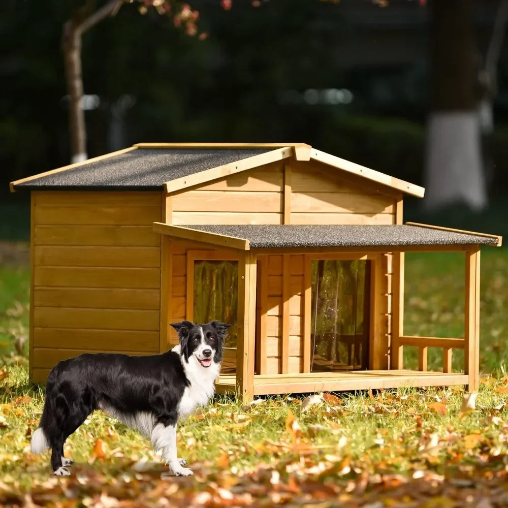 47" Outdoor Wooden Dog House with Porch, Asphalt Roof, 2" Height Raised Two Plastic Door Curtains