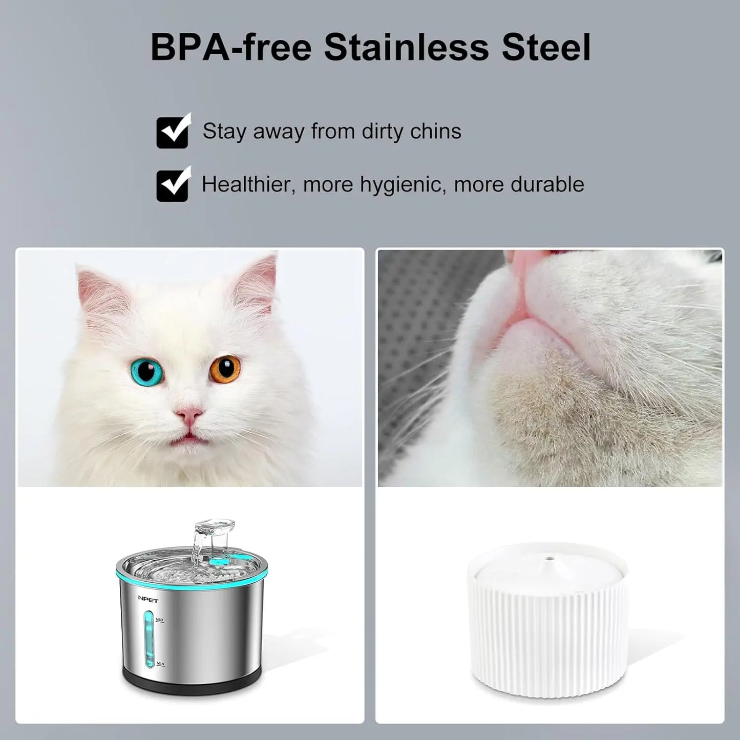 NPET Cat Water Fountain Stainless Steel, 50oz/1.5L Dishwasher with Visible Window Light