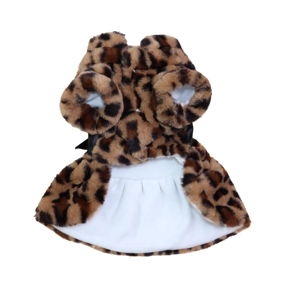 Autumn Winter Pet Dog Clothes Plush Coat Leopard Print Dress for Small Dog Cat Jacket Bowknot Skirt