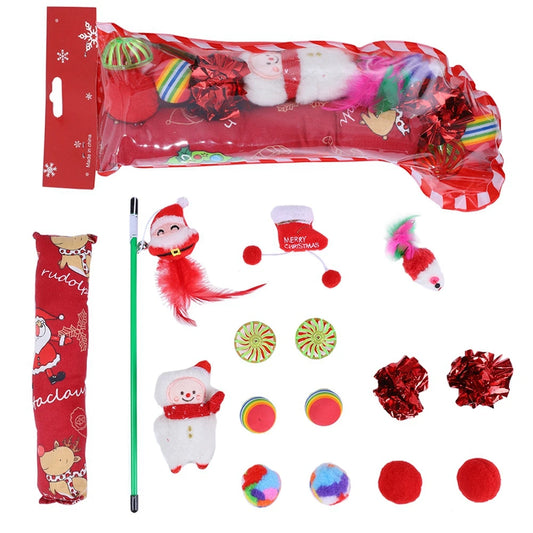 15pcs/set Multi-color Christmas Pet Cat Toy Set Interactive  Stick Feather Toy