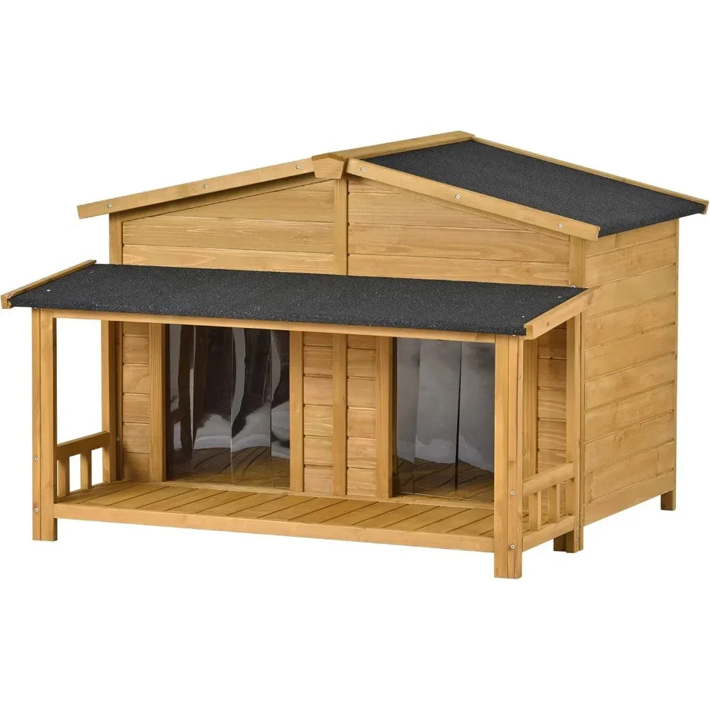 47" Outdoor Wooden Dog House with Porch, Asphalt Roof, 2" Height Raised Two Plastic Door Curtains