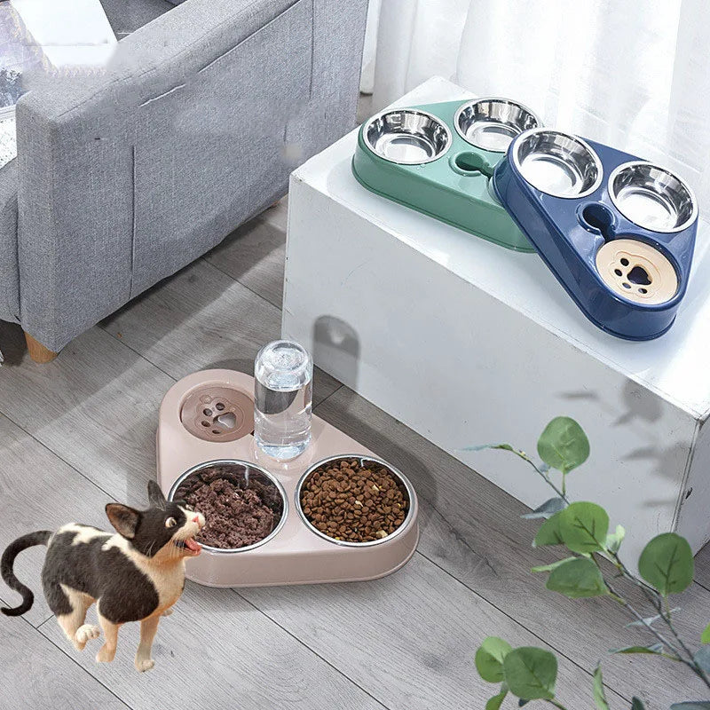 3In1 Dog Cat Food Bowl with Bottle Automatic Drinking Feeder Fountain