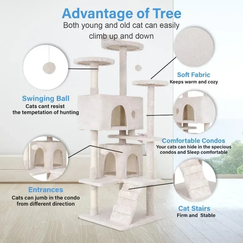 Cat Tree 54in Multi-Level Durable Cat Scratching Post & Cozy Fun Jumping Platform for Indoor